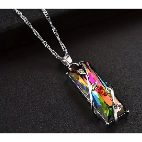 New! Iridescent Crystal Pendant Necklace With Silver-Plated Chain - Picture 1 of 7